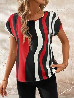 SHEIN Clasi Vertical Stripe Geometric Print Round Red/Black Medium